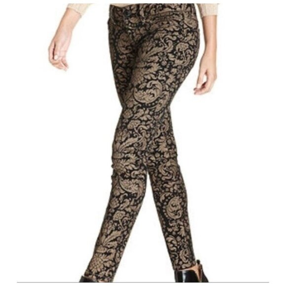 7 For All Mankind Metallic Gold & Black Damask Skinny Jeans Size 25 Acrylic Blen - Picture 9 of 11